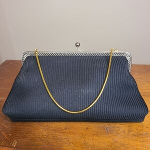 1970s Black Ribbed Clutch with Gold Tone Chain